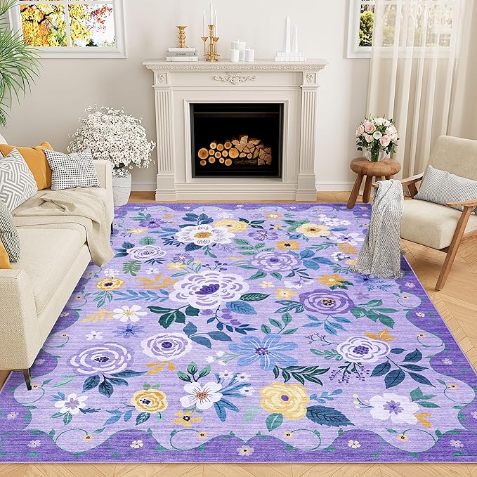 DUKINO 8x10 Area Rug, Floral Rugs for Living Room, Lightweight Non Slip Washable Rug, Indoor Low Pile & Non-Shedding Boho Design Rugs for Bedroom, Living Room, Dining Room, Purple
