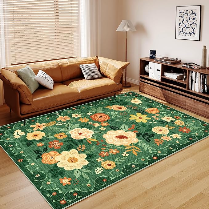 DUKINO 6x9 Area Rug, Floral Rugs for Living Room, Lightweight Non Slip Washable Rug, Indoor Low Pile & Non-Shedding Boho Design Rugs for Bedroom, Living Room, Dining Room, Dark Green