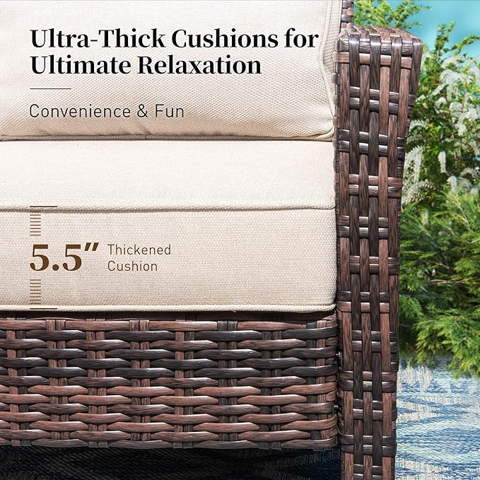 5 Pieces Patio Furniture Set with Swivel Chairs, High Back Wicker Rattan Sofa with Extra Thick Cushion and Ottoman, Outdoor Conversation Set for Garden Backyard Deck,Beige