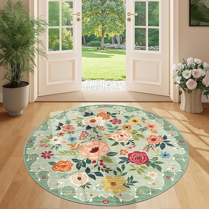 DUKINO Floral Round Rug, 4ft Washable Round Area Rug, Non Slip Indoor Low Pile Circle Rug, Soft Small Boho Design Circle Rug for Bedroom, Entryway, Living Room, Dining Room, Green