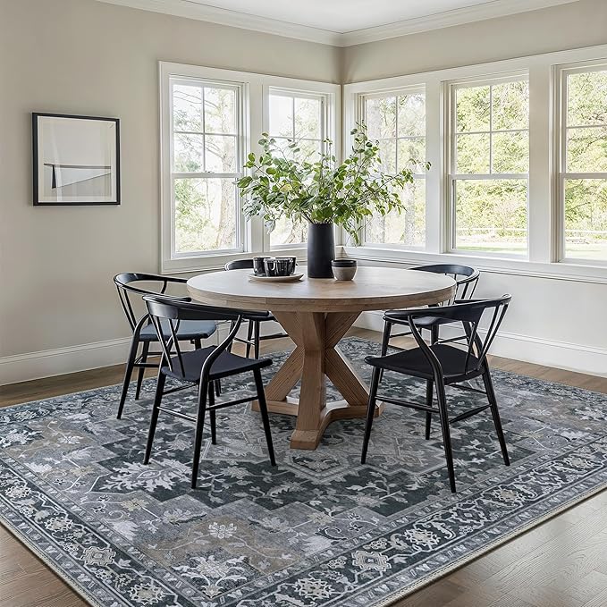 GENIMO 6x9 Area Rugs for Living Room, Machine Washable Non Slip Vintage Rugs, Low Pile Lightweight Chenille Print Rug for Bedroom, Dining Room, Home Office,Dark Gray