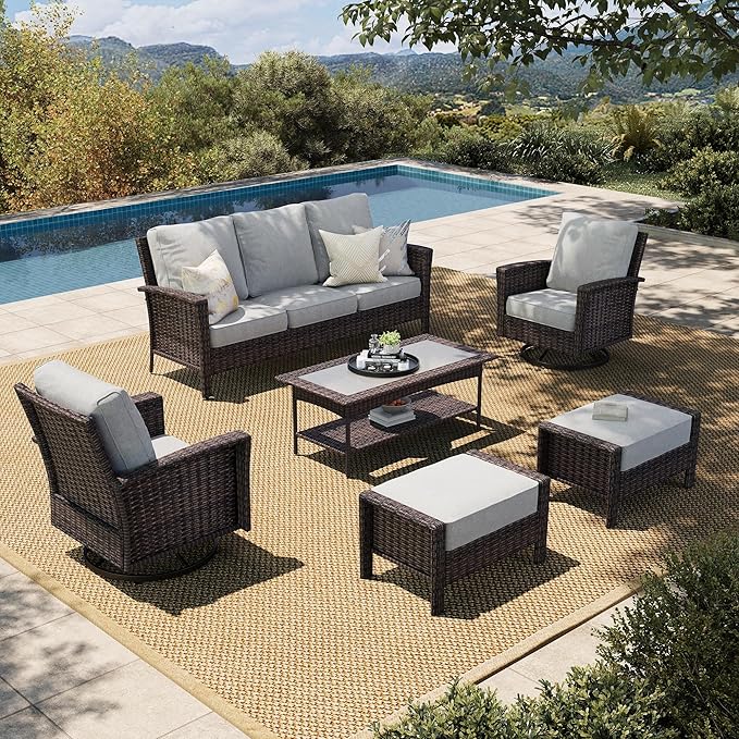 HERA'S HOUSE Gray Patio Furniture Set, Outdoor Sectional Seating Furniture, 35" High Back Swivel Wicker Chairs with 5.5" Thick Cushions, 6-Piece Patio Conversation Sofa Sets for Deck Lawn Backyard
