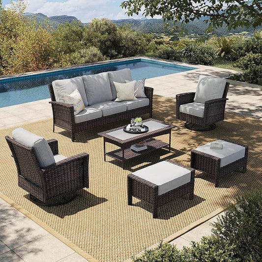 HERA'S HOUSE Gray Patio Furniture Set, Outdoor Sectional Seating Furniture, 35" High Back Swivel Wicker Chairs with 5.5" Thick Cushions, 6-Piece Patio Conversation Sofa Sets for Deck Lawn Backyard