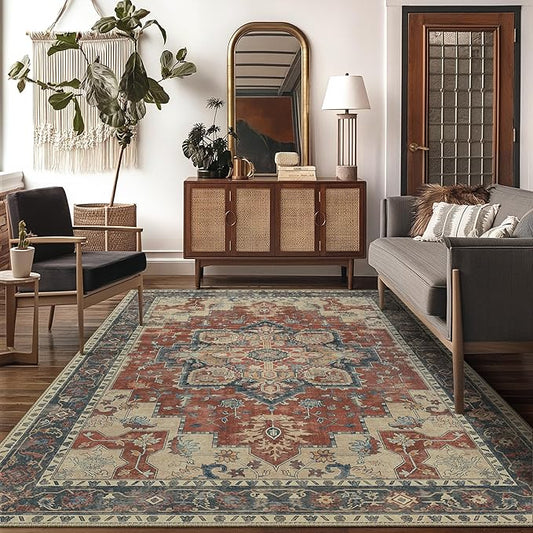 GENIMO 8x10 Area Rugs for Living Room, Machine Washable Non Slip Vintage Rugs, Low Pile Lightweight Chenille Print Rug for Bedroom, Dining Room, Home Office,Bordeaux