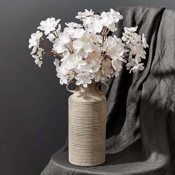 Ceramic Rustic Vase with 2 Round Handles, Antique Farmhouse Flower Vase, Vintage Terracotta Vases for Home Decor, Wedding, Living Room, Table, Shelf Decor - 10.2 Inch Tall, Terra