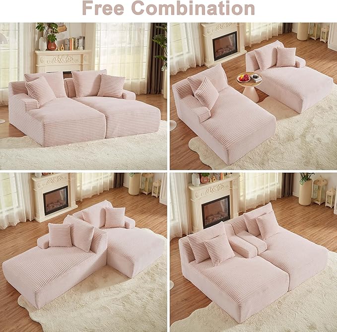GNIXUU 78.8" Oversized Double Chaise Lounges Indoor, 2 Pieces Comfy Corduroy Chaise Lounge Chair Cloud Boneless Couch, Fluffy Upholstered Sleeper Loveseat Bed for Living Room Bedroom Reading(Pink)