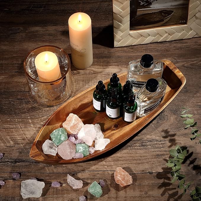 Lucky Boat Serving Tray, Acacia Solid Wood Boat Shape Plate for Serving Desserts, Fruit, Snack and Seafood or House Ornament,Key Tray,Functional and Storage Decorative Bowl。 (L)