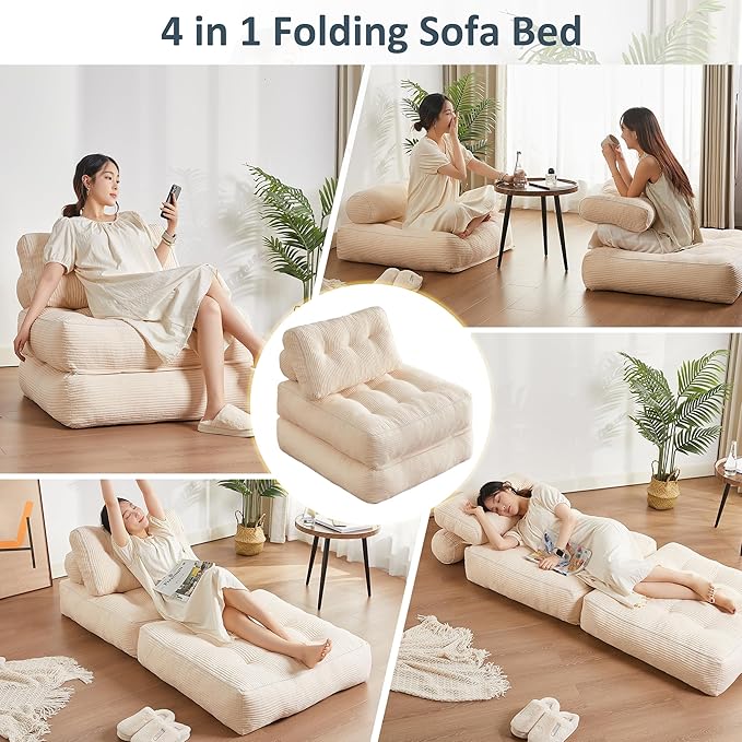Folding Chair Bed, Futon Sofa, Floor Couch for Adults Chair for Living Room, Lounge Sofa, Convertible Sofa Bed, Small Couches for Small Spaces, Beige