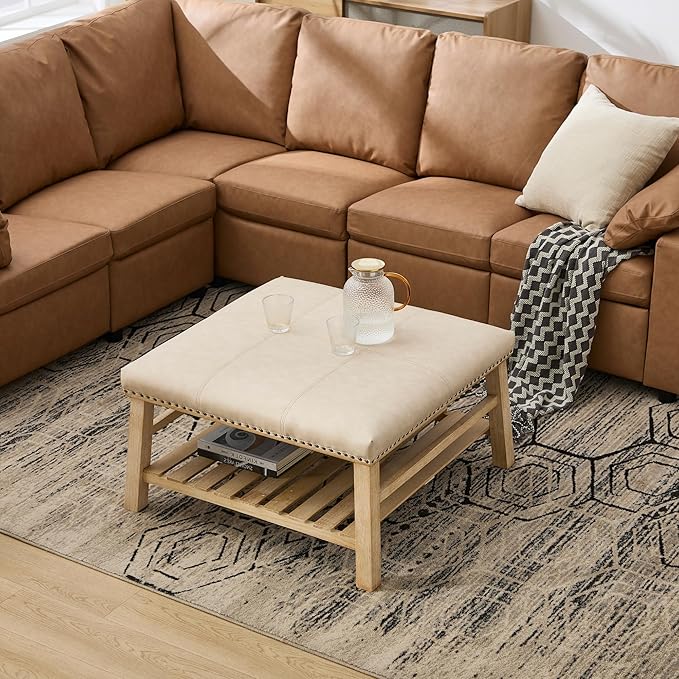 Large Square Coffee Table with Storage,Modern Faux Leather Ottoman Coffee Table,Luxury Upholstered Couch Table for Living Room/Sofa/Bedroom,Beige