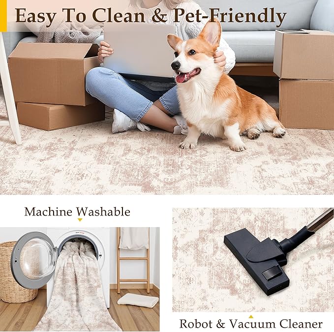 Washable Rug 8x10 Area Rug for Living Room Pink Vintage Boho Medallion Large Distressed Retro Carpet Non Slip Indoor Low Pile Small Soft Bedroom Dining Room Home Office