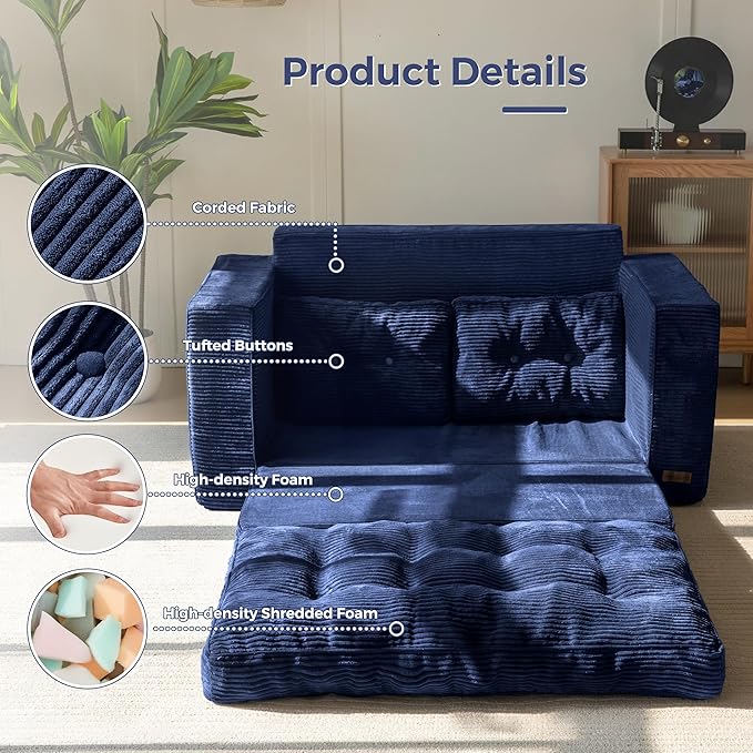MAXYOYO Convertible Sofa Bed, Pull Out Loveseat Sleeper Sofa, 2 in 1 Folding Couch Bed, Fold Out Floor Couch with Pillows for Living Room Bedroom Lounge, Navy