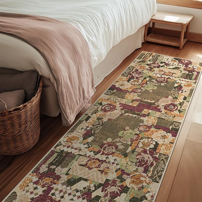 GENIMO Floral Runner Rug 2'6''x8, Machine Washable Non Slip Vintage Patchwork Hallway Runner, Ultra-Thin Low Pile Runners for Indoor Entryway, Hallway, Kitchen and Corridor, Auburn Cinnamon
