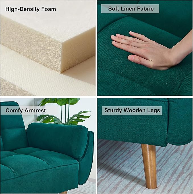 Futon Couch for Small Spaces & Apartment, 2-in-1Modern Comfy Loveseat Convertible Sofa Bed, 75.4-Inch Compact Design for Living Room, Dorms, and Studios-Green