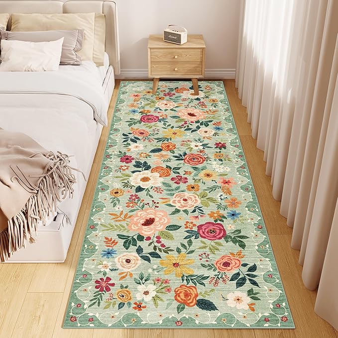 DUKINO 2.6x8 Kitchen Runner Rug for Hallway, Washable Runner Rug with Non Slip Backing, Low Pile Soft Boho Floral Carpet for Hallway, Kitchen, Entryway, Laundry, Bedroom, Green