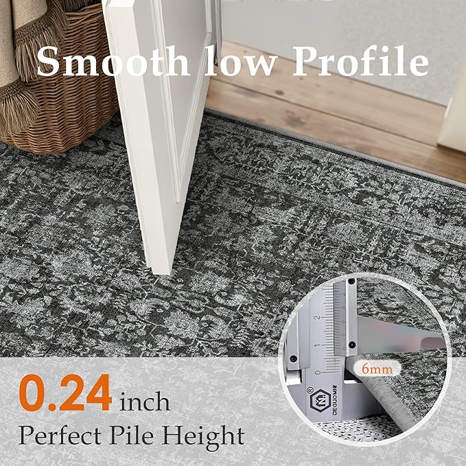 Dark Black Area Rug 9x12 Machine Washable Large Vintage Living Room Distressed Non Slip Carpet Traditional Indoor Bedroom Retro Floral Accent Throw Rug for Office Kitchen Dining Room