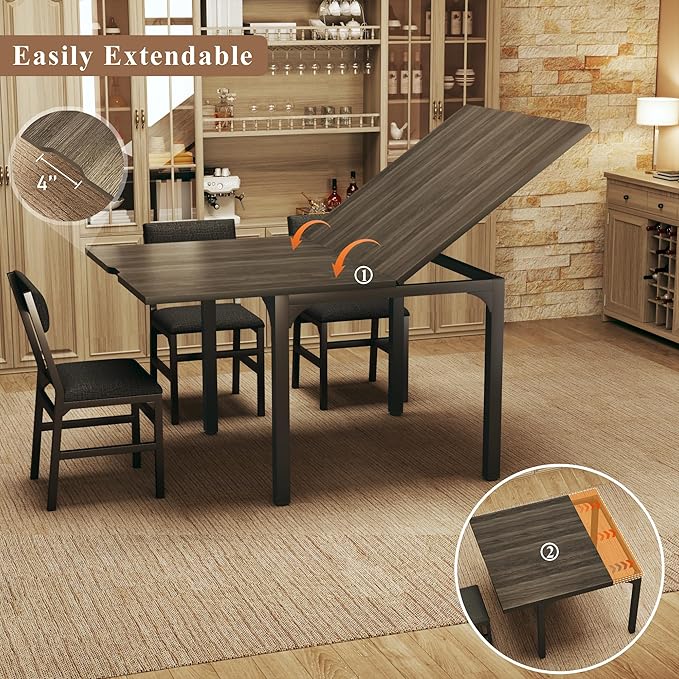 7-Piece Dining Table Set for 4-6, Extendable Kitchen Table Cushion Chairs Set of 6 with 6 Chairs, Rectangle Dining Table with Metal Frame & MDF Board, Folding for Small Apartment Saving Space,Grey Oak