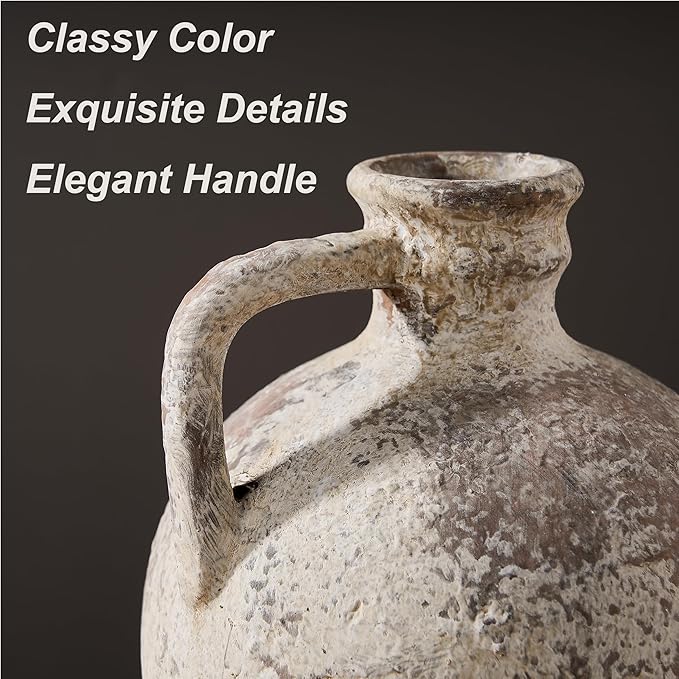 Antique Ceramic Vase, 8.3 Inch Terracotta Vase with Handle, Tuscan Decor Decorative Vase, Rustic Vase for Home Decor, Farmhouse, Living Room, Floor, Wedding, Christmas- Gray