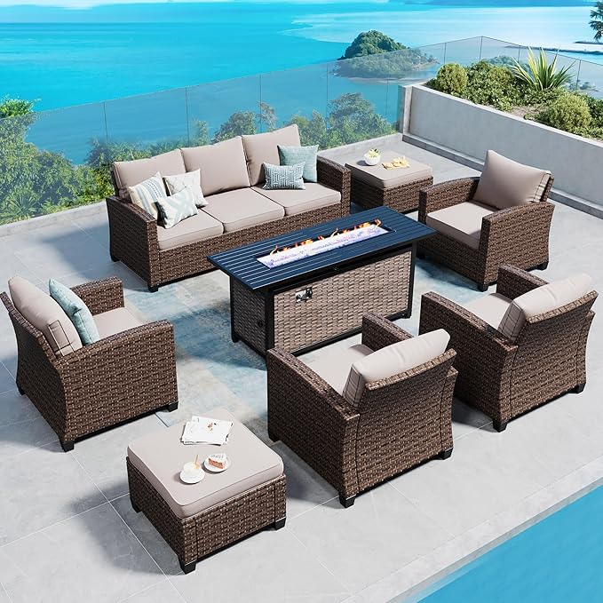 Patio Furniture Set Outdoor Furniture Brown Wicker Rattan Patio Conversation Sets with Cushion Outside Sofa Set,7 Pieces with Rectangular Firepit Table,9 Seats,Beige