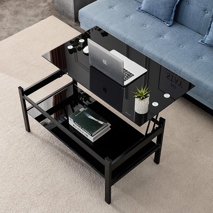 Lift Top Coffee Table, Modern Simple Black Tempered Glass Coffee Tables for Living Room Size 37.8"(W) x 21.6"(D) x 17.72"(H)