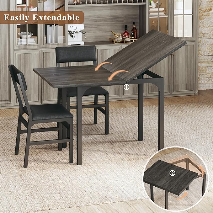 Dining Table Set for 4, Extendable Kitchen Table Cushion Chairs Set of 4, Rectangle Dining Table with Metal Frame & MDF Board, Folding for Small Apartment Saving Space, Grey Oak