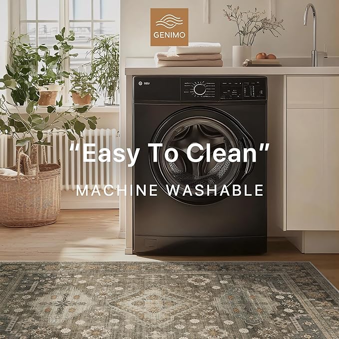 GENIMO 8x10 Area Rugs for Living Room, Machine Washable Low Pile Rugs, Non Slip Vintage Rug for Bedroom, Dining Room, Home Office, Kitchen, Distressed Deep Brown