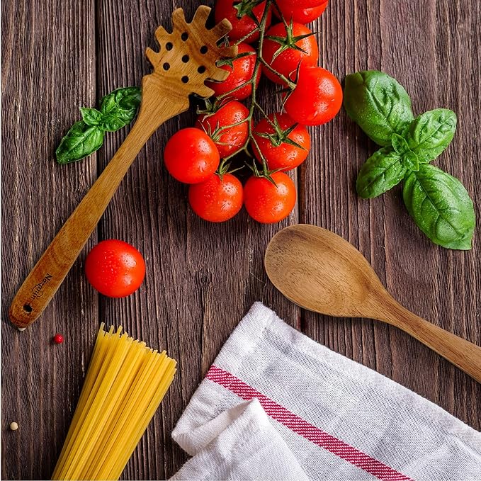 NAZANIN 9-Piece Natural Acacia Wood Kitchen Utensil Set with Holder & Spoon Rest, Wooden Spoon Set for Nonstick Pans & Cookware, Durable, Lightweight, Heat Resistant, & Non-Scratch Cooking Spoons