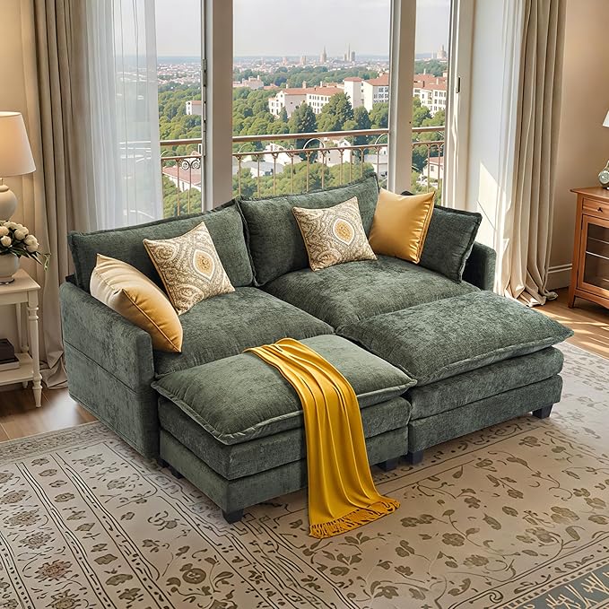 SweetGO corporation 40" Chenille Lounge Chair for Reading, Modern Couch Cozy Sofa Bed, Upholstered Living Room Single Sofa Accent Chair with Ottoman Set of 2, Green