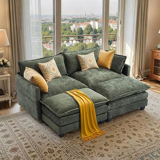 SweetGO corporation 40" Chenille Lounge Chair for Reading, Modern Couch Cozy Sofa Bed, Upholstered Living Room Single Sofa Accent Chair with Ottoman Set of 2, Green