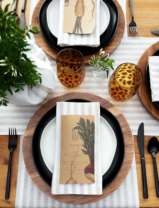 Solino Home Linen Napkins Set of 4-100% Pure Linen Amalfi Stripe Natural and White Cloth Dinner Napkins 20 x 20 Inch for Fall, Autumn, Thanksgiving, Christmas - Handcrafted and Machine Washable