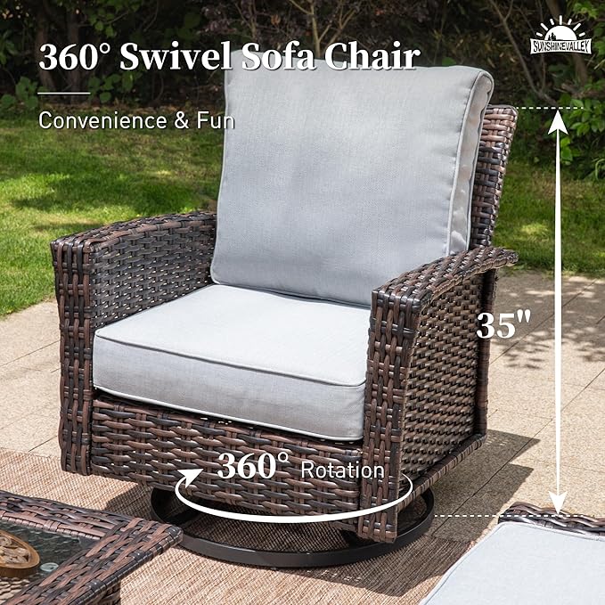 6 Piece Patio Furniture Set with Swivel Chairs, High Back Wicker Rattan Sofa with Extra Thick Cushion, Coffee Table and Ottoman, Outdoor Conversation Set for Backyard Deck, Grey