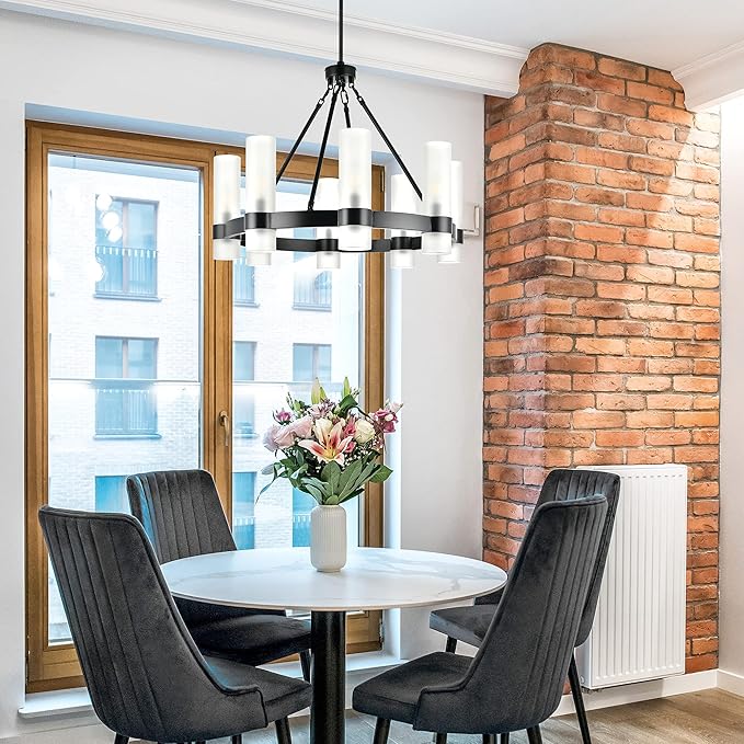 Linea di Liara Teramo Matte Black Chandelier Dining Room Light Fixture Small Wagon Wheel Chandelier Round Industrial Modern Farmhouse Chandeliers for Dining Room Foyer, Frosted Glass, UL Listed