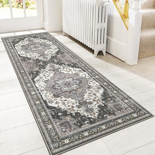 GENIMO 3X8 Hallway Runner Rug, Machine Washable Non Slip Vintage Floral Patchwork Runners, Thin Low Pile Chenille Carpet Runners for Entryway, Kitchen, Bathroom, Bedroom, Slate Gray
