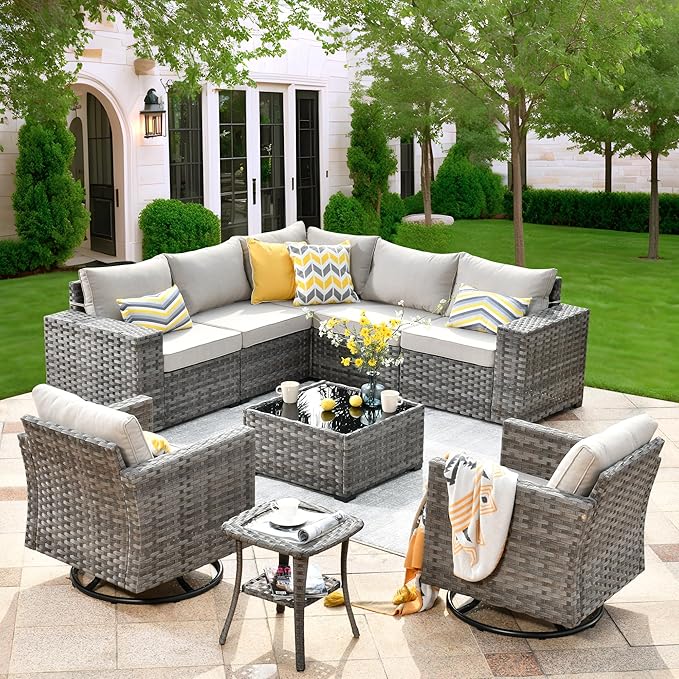 ovios 9 Pieces Patio Furniture Set, Outdoor Wicker Sectional Sofa with 2 Swivel Chairs Coffee Table, Modern Modular Deep Seat Rattan Couch Conversation Sets, Beige