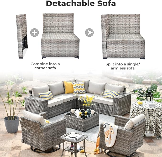 ovios 9 Pieces Patio Furniture Set, Outdoor Wicker Sectional Sofa with 2 Swivel Chairs Coffee Table, Modern Modular Deep Seat Rattan Couch Conversation Sets, Beige