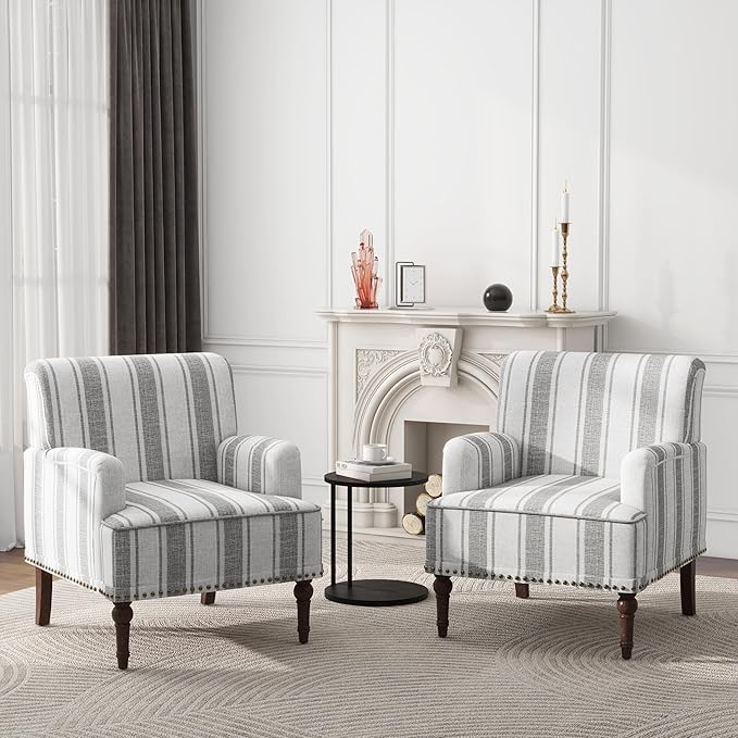 Modern Accent Chair with Arms,2 Set Mid Century Stripe Armchair for Living Room,Comfy Linen Fabric Single Sofa for Apartment Bedroom,Comfortable Cushioned Seat for Reading Home Office-Gray Stripe