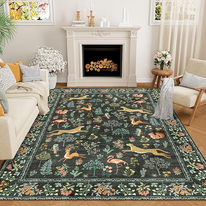 DUKINO 5x7 Rug, Washable Animal Living Room Rug with Non Slip Vintage Design, Soft Low Pile Large Carpet for Bedroom, Nursery, Dining Room, Farmhouse, Playroom, Black