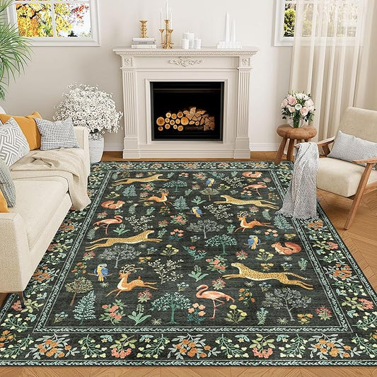 DUKINO 5x7 Rug, Washable Animal Living Room Rug with Non Slip Vintage Design, Soft Low Pile Large Carpet for Bedroom, Nursery, Dining Room, Farmhouse, Playroom, Black