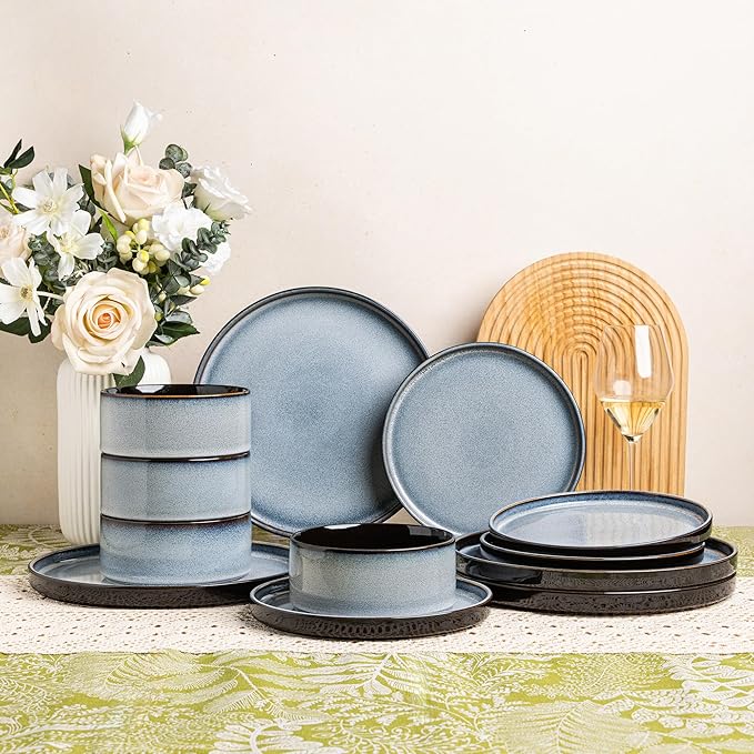 LERATIO Ceramic Dinnerware Sets for 4,Round Reactive Glaze Ceramic Plates and Bowls Set,Highly Chip and Crack Resistant | Dishwasher & Microwave Safe Dishes Set,Service for 4 (12pc)-Gray White