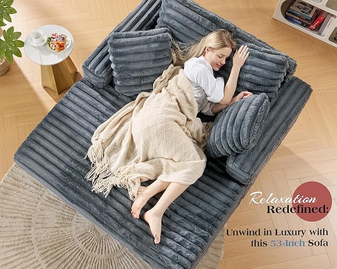 VanAcc 53 Inch Chaise Lounge Indoor, Plush Sleeper Chair with Throw Pillows, Upholstered Sofa Bed with Armrests, Plush Chair Bed for Living Room(Grey)