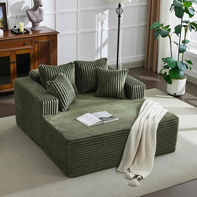 54.3"W Oversized Chaise Lounge Chair Indoor, Boneless Corduroy Sleeper Sofa Bed with 4 Pillows, Armrests, Comfy Fluffy Reading Couch, No Assembly Required Cloud Sofa for Living Room, Bedroom, Office