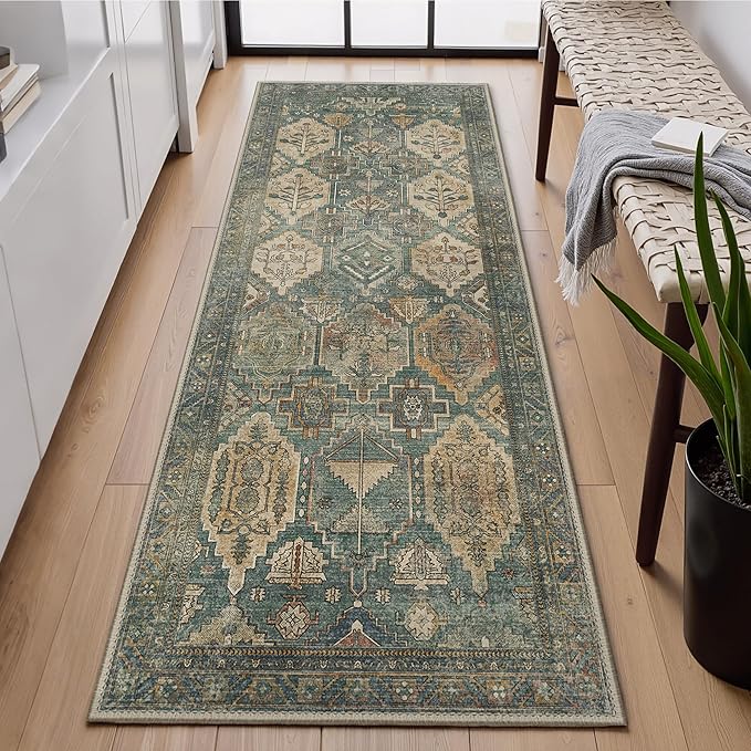 GENIMO 2x5 Runner Rugs for Hallway, Machine Washable Non Slip Vintage Rugs, Low Pile Lightweight Soft Print Rug for enrtyway, Corridor, Home Office, Kitchen, Sage Teal