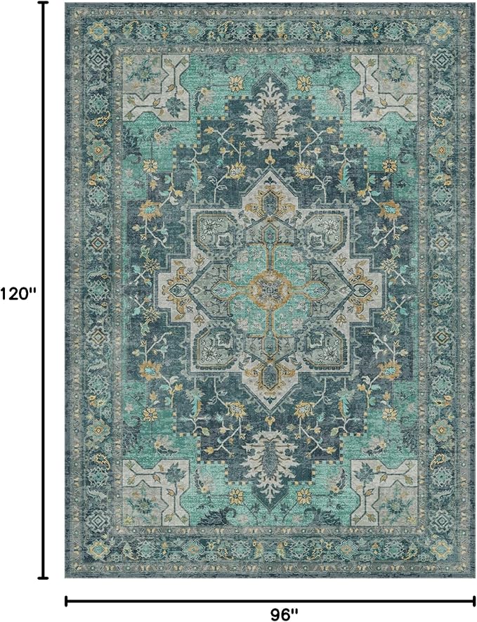 GENIMO 8x10 Area Rugs for Living Room, Machine Washable Non Slip Vintage Rugs, Low Pile Lightweight Chenille Print Rug for Bedroom, Dining Room, Home Office, Dark Green