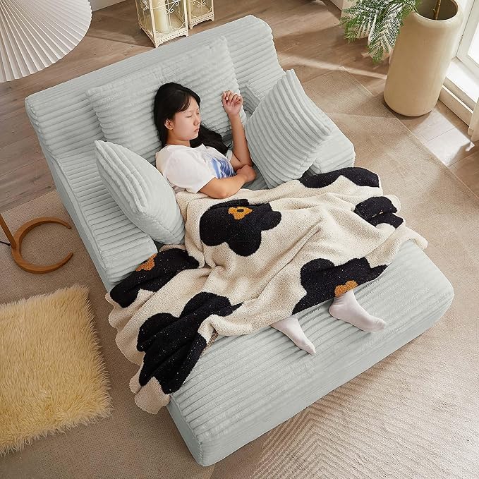 GNIXUU Oversized Chaise Lounge Chair Indoor, Comfy Fluffy Lounge Sofa Upholstered Sleeper Sofa Couch with Throw Pillows and Armrests, Corduroy Plush Cloud Chair for Living Room, Light Gray