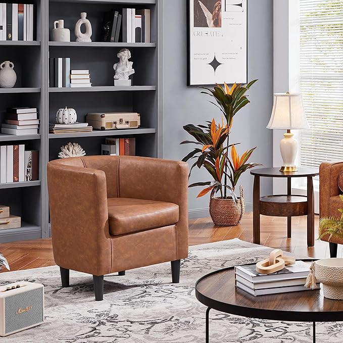 Yaheetech Accent Chair, PU Leather, Modern and Comfortable Armchairs, Upholstered Barrel Sofa Chair for Living Room Bedroom Waiting Room, Brown