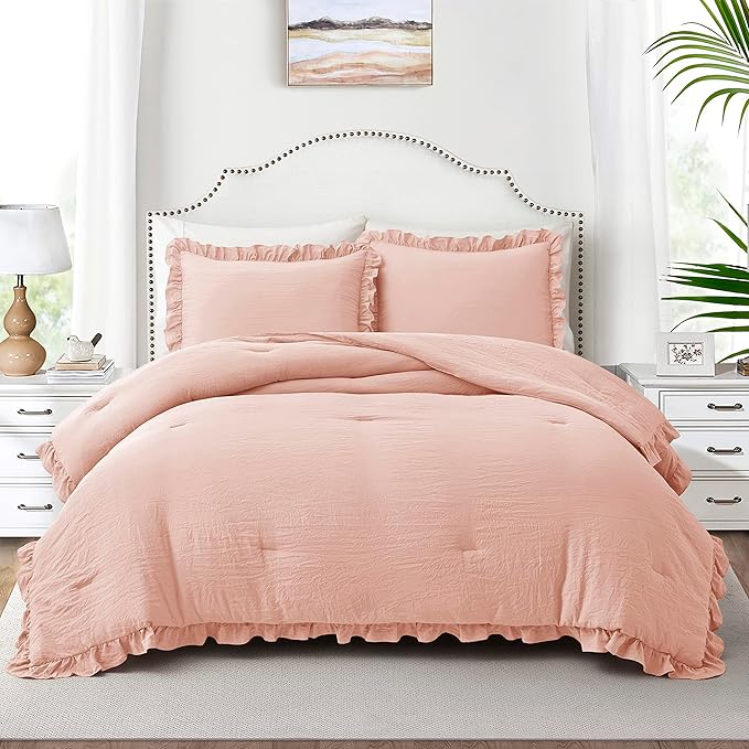 Bonlino Bedding Comforter Set Bedroom - 3 Pieces Farmhouse Comforter Ruffle Boho Bed Comforter, Fluffy Soft Lightweight Bedding Chic Rustic Country Style for Home Dorm (Oversized King, Blush Pink)