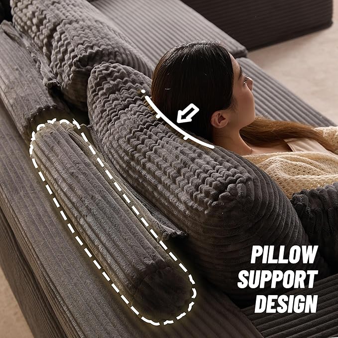 107" Boneless Couch with Deep Seat, Modular Sectional Sofa, Cloud Sectional Couch for Living Room, No Assembly Required, Corduroy, U-Shape 3 Seater Left, Gray