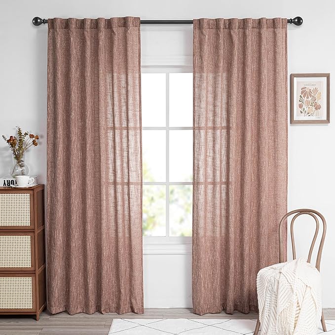 MYSKY HOME Cotton Curtains for Living Room Farmhouse Semi Sheer Light Filtering for Windows, Linen Look Texture Soft Modern Decor Country Style, 50" x 84", Brick Red