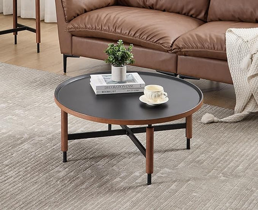 EALSON 31.25" Round Coffee Table Mid Century Modern Coffee Tables with Black Metal Legs/Wooden Top Circle Accent Center Table for Living Room Reception Apartment Office,Walnut