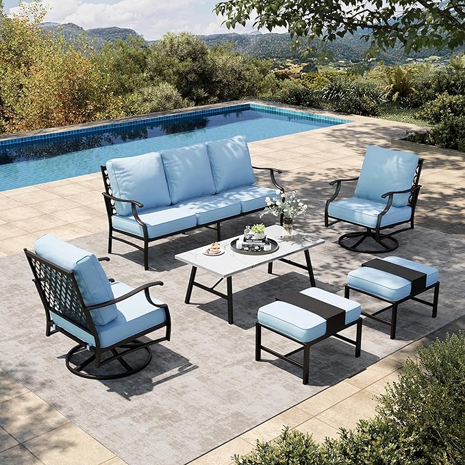 HERA'S HOUSE 6 Piece Patio Furniture Set, 2 x Swivel Cushioned Chair, 2 x Cushioned Ottoman, 1 x 3-Seat Sofa with Marbling Coffee Table, Outdoor Conversation Set for Lawn Garden Backyard, Blue