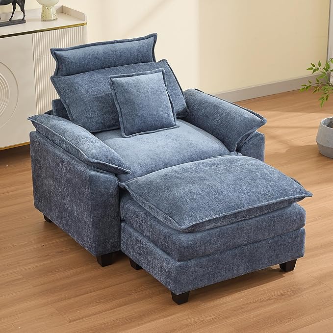 46''Cloud Oversized Sofa Chair with Detachable Headrest, Upholstered Comfy Arm Accent Chair with Ottoman,Modern Chenille Reading Lounge Armchair for Living Room,Bedroom, Blue